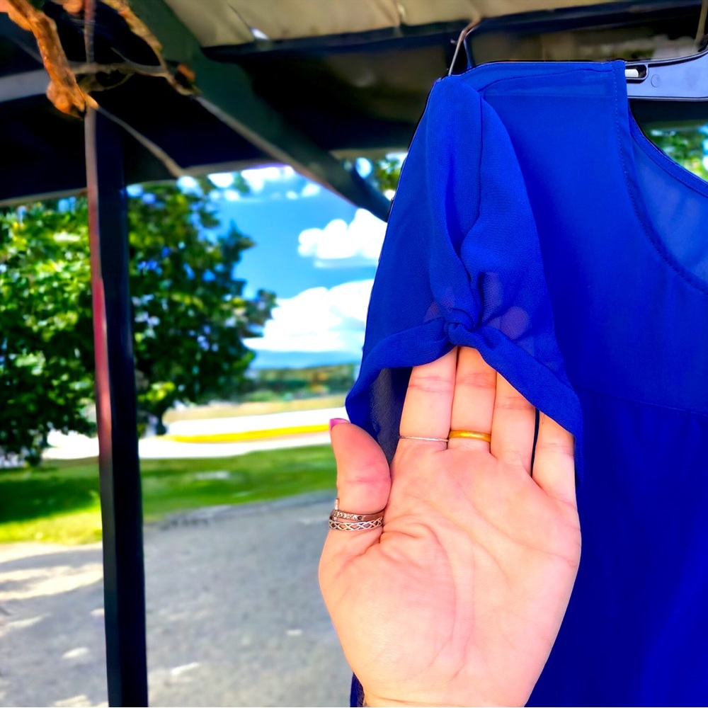 Express Royal Blue Sheer Shoulder Sleeve Blouse Top | Women’s Size  Large - Picture 4 of 7